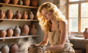 A blonde woman with voluminous hair sits at a pottery wheel