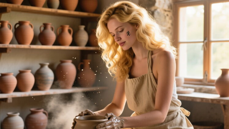 A blonde woman with voluminous hair sits at a pottery wheel