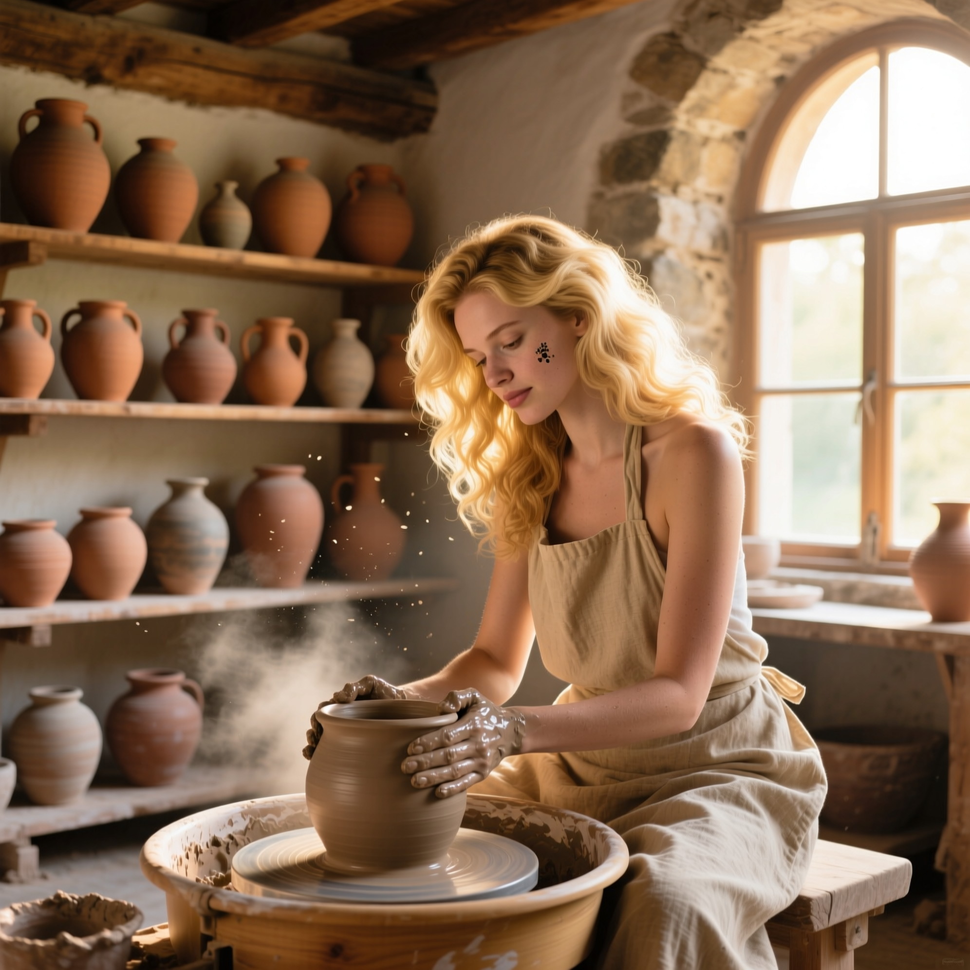 A blonde woman with voluminous hair sits at a pottery wheel