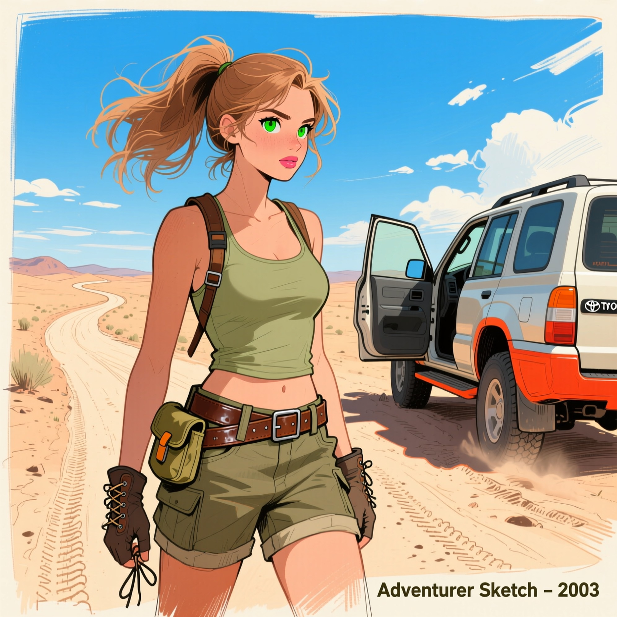 A simple sketch in early 2000s style of a 20-years old young woman