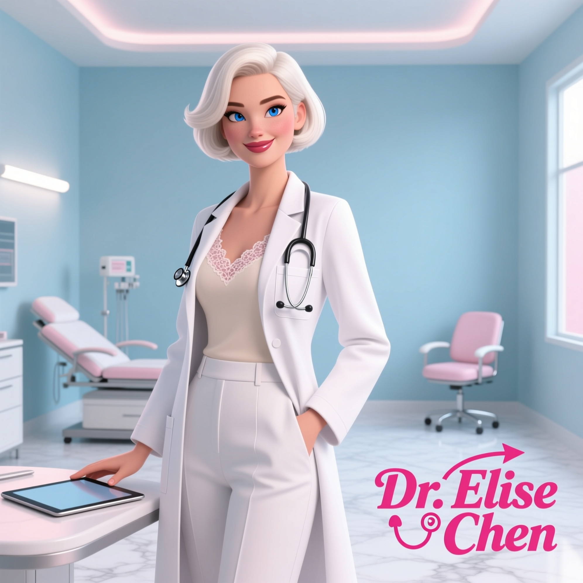 A simple sketch in early 2020s sophisticated medical style of a 30-years old young woman