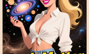 A vintage photo in postapo PC game style of a 20-years old young woman with evil smile;long blonde hair