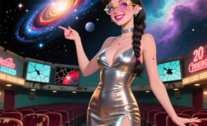 A vintage photo in postapo PC game style of a 20-years old young woman with with a playful