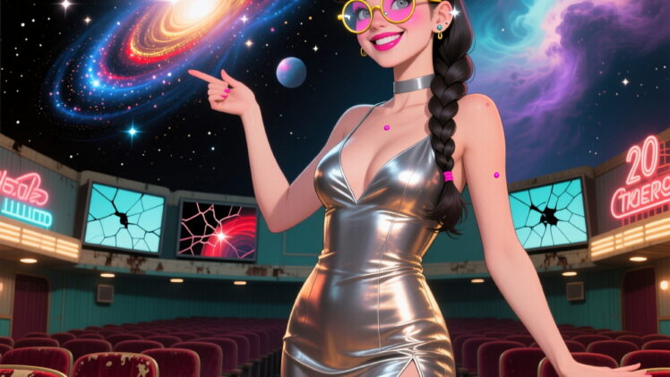 A vintage photo in postapo PC game style of a 20-years old young woman with with a playful
