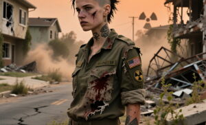 An ugly and dirty 19 year old girl Mohawk, military outfit, half shaved head, lots of tattoos walking postapocalyptic suburb