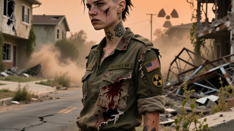 An ugly and dirty 19 year old girl Mohawk, military outfit, half shaved head, lots of tattoos walking postapocalyptic suburb