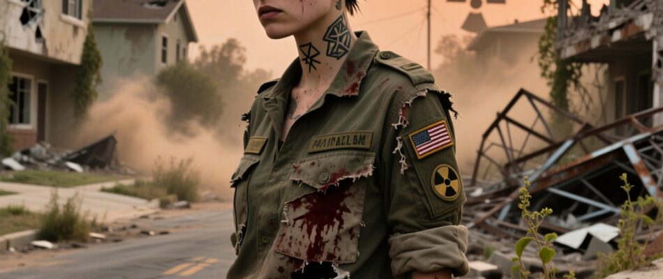 An ugly and dirty 19 year old girl Mohawk, military outfit, half shaved head, lots of tattoos walking postapocalyptic suburb