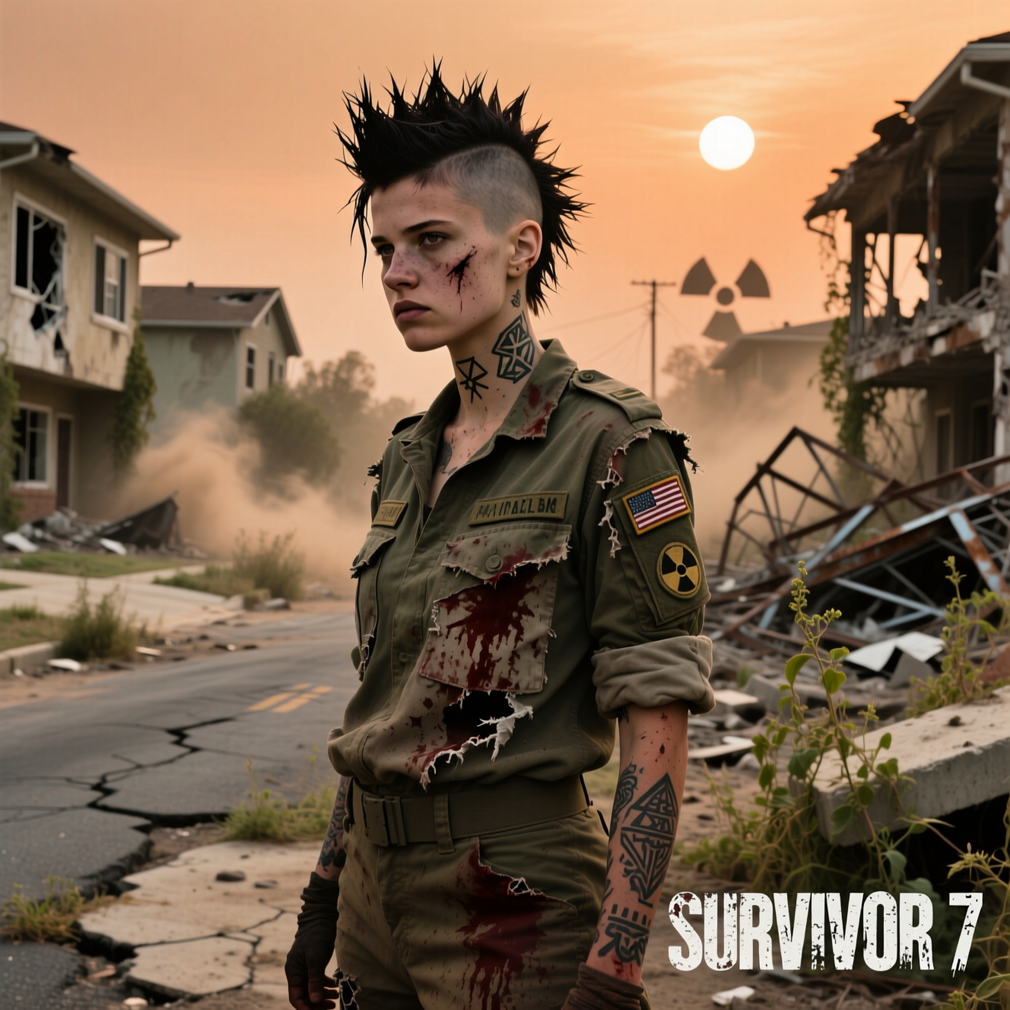 An ugly and dirty 19 year old girl Mohawk, military outfit, half shaved head, lots of tattoos walking postapocalyptic suburb