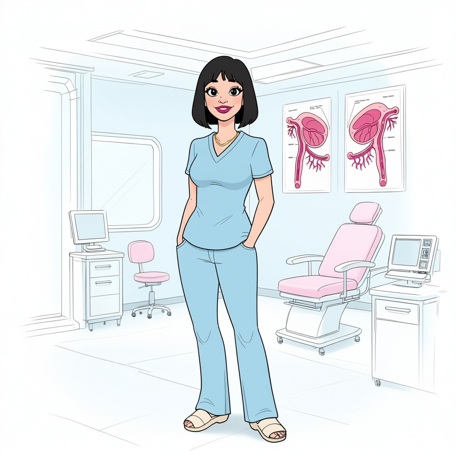 A simple sketch in early 2000s chic medical style of a 30-years old young woman