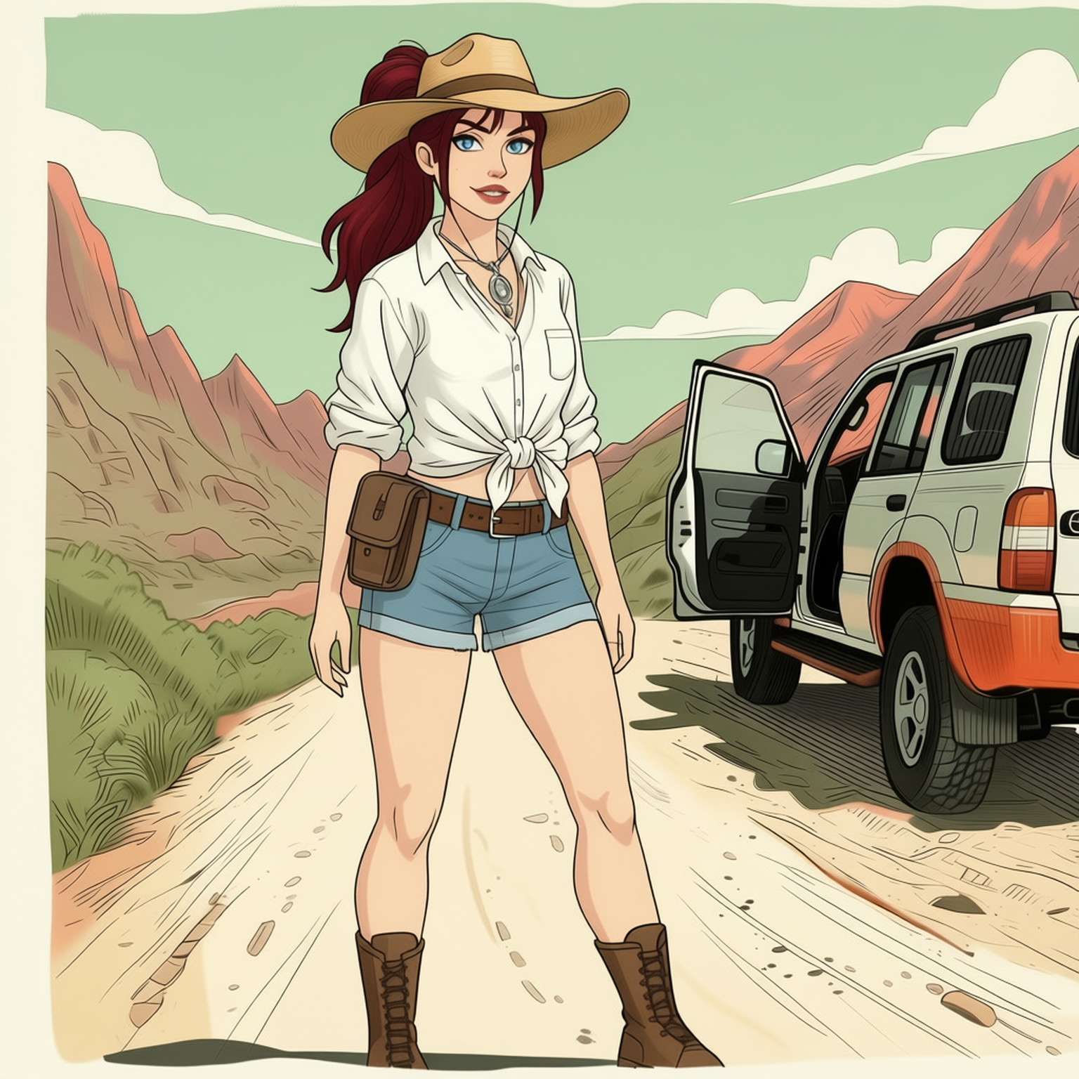 A simple sketch in late 1990s style of a 20-years old young woman