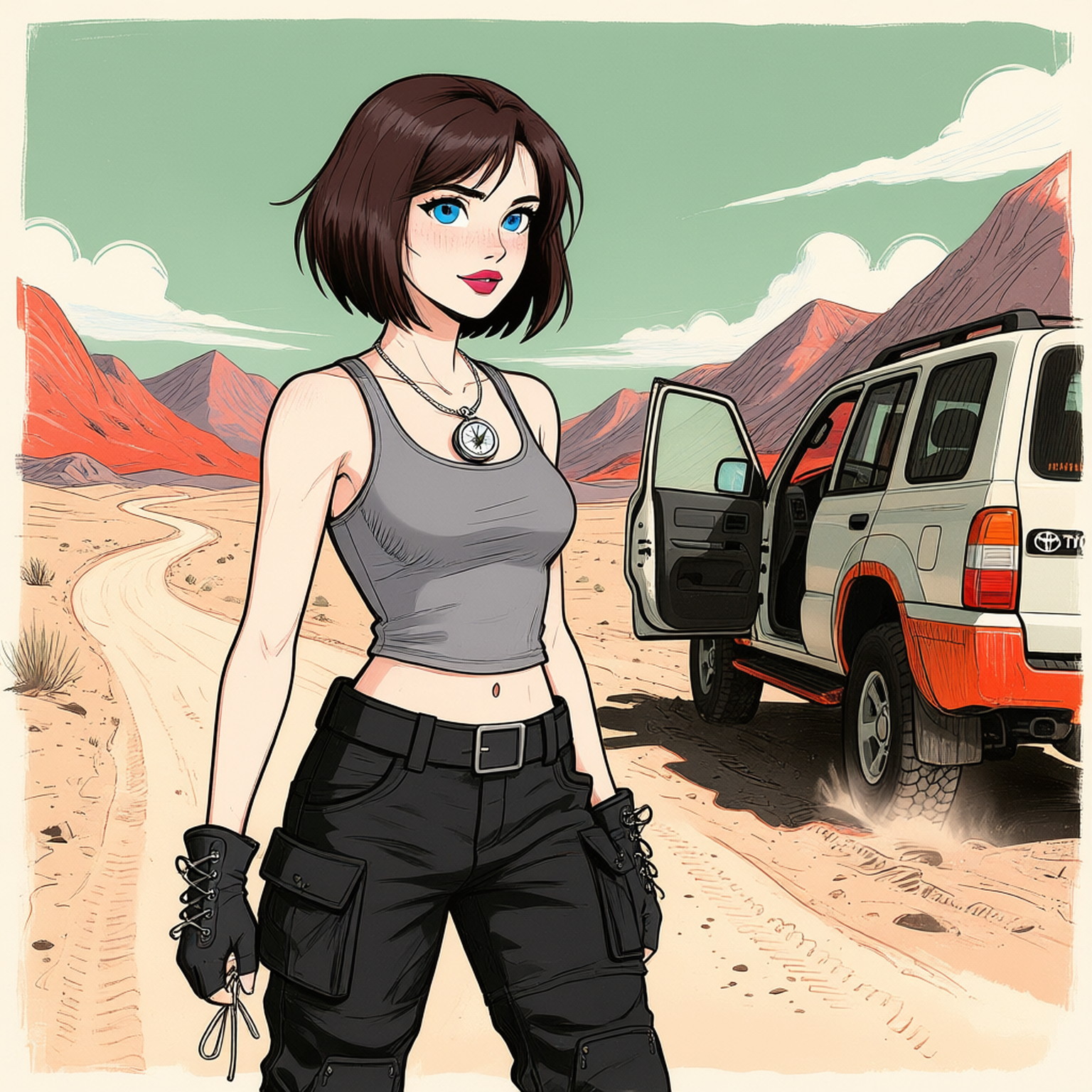 A simple sketch in late 1990s style of a 20-years old young woman