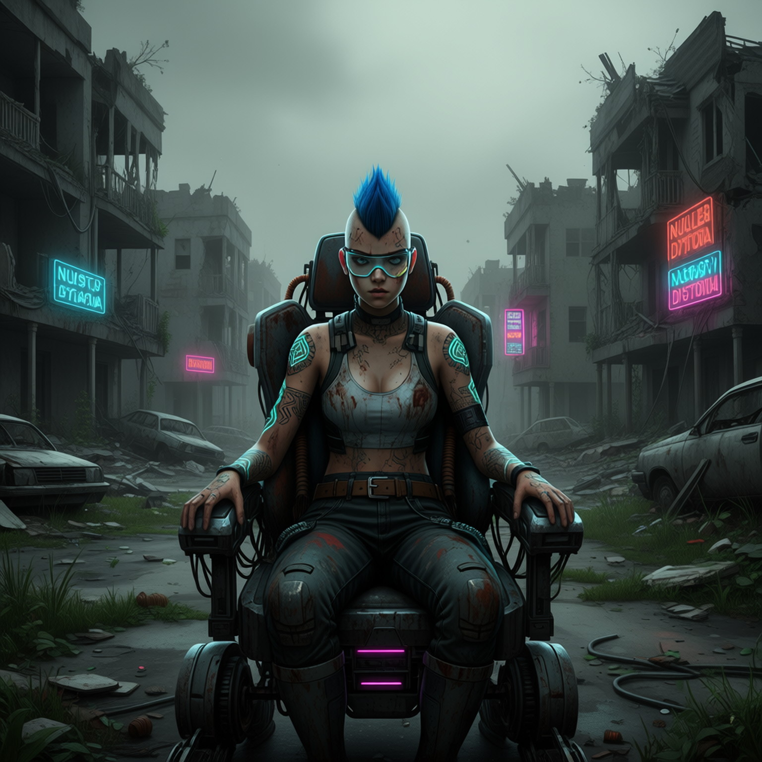 An ugly and dirty 19 year old girl Mohawk, half shaved head, lots of tattoos in a chair walking postapocalyptic