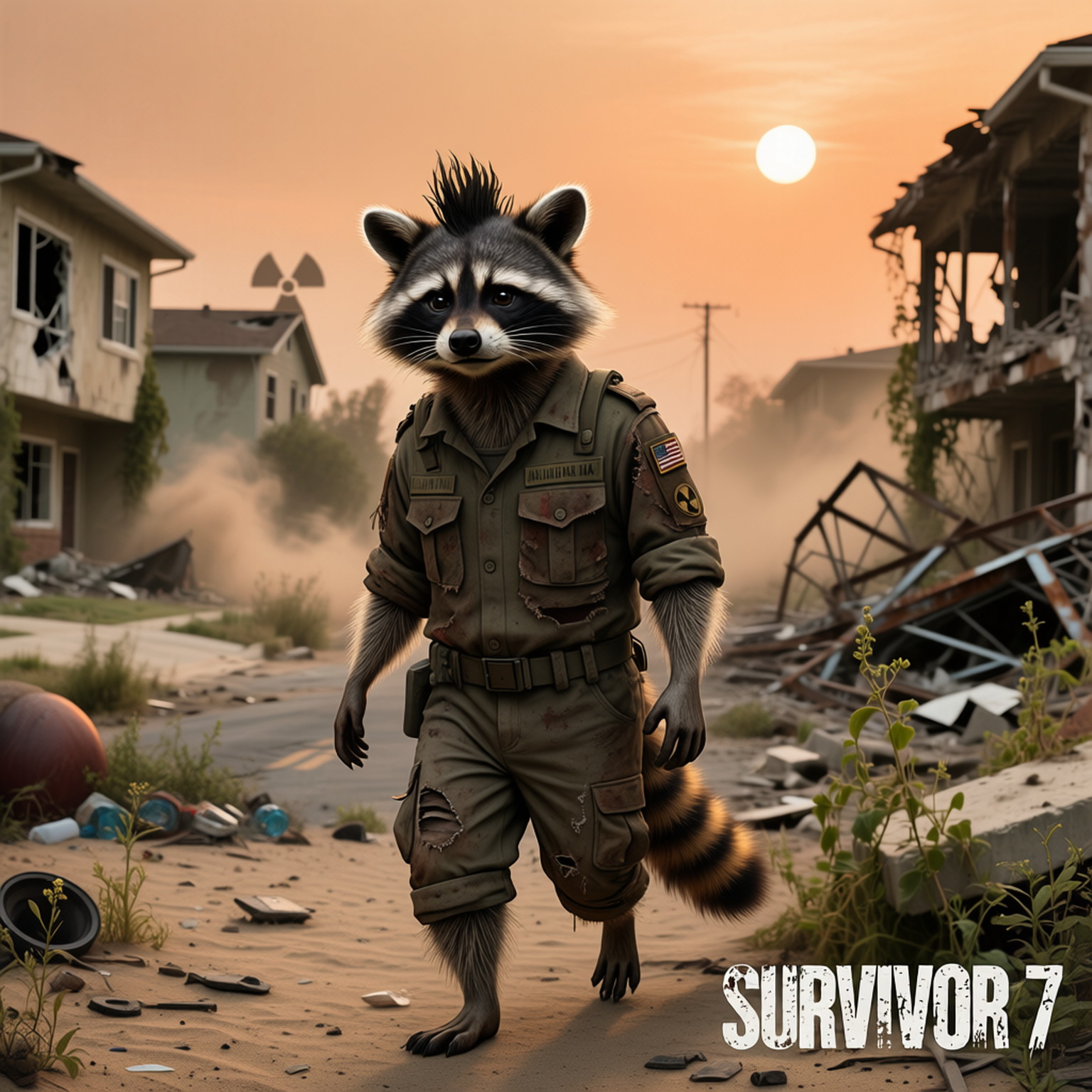 An ugly and dirty 19 year old racoon , military outfit, half shaved head, walking postapocalyptic suburb area destroyed in