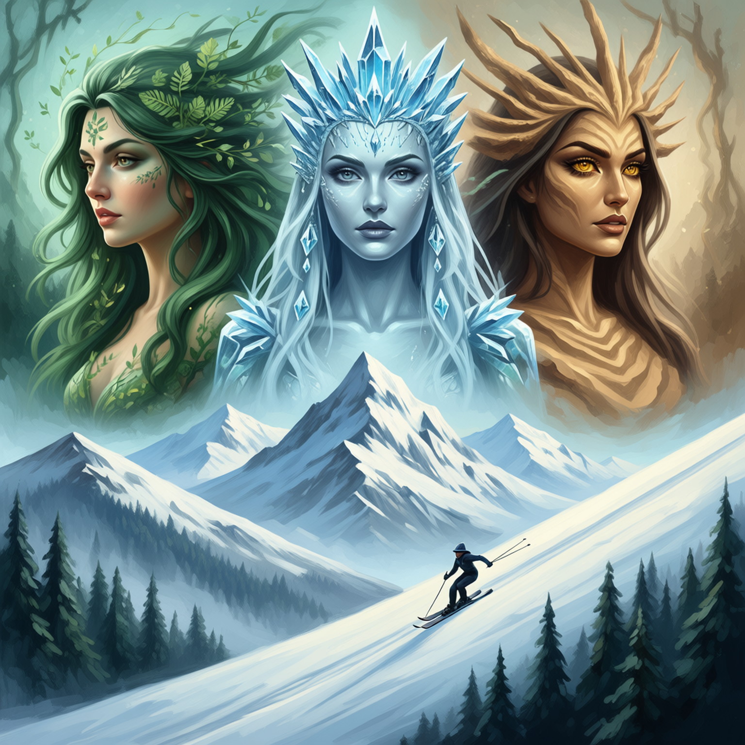 In dreamy brushstrokes, a portrait of three female faces is created, each radiating with unique charm: a graceful forest goddess