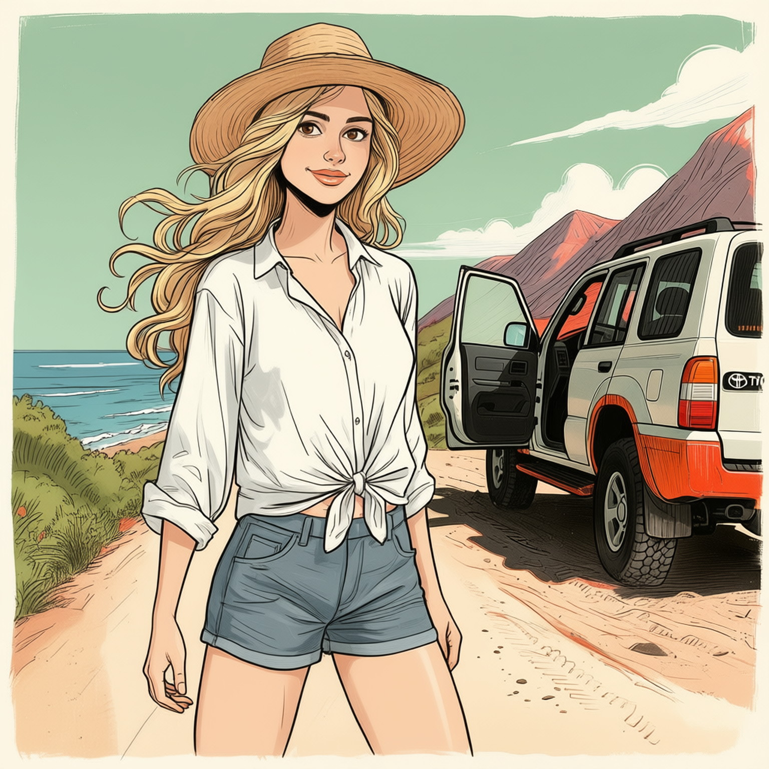 A simple sketch in early 2000s style of a 20-years old young woman
