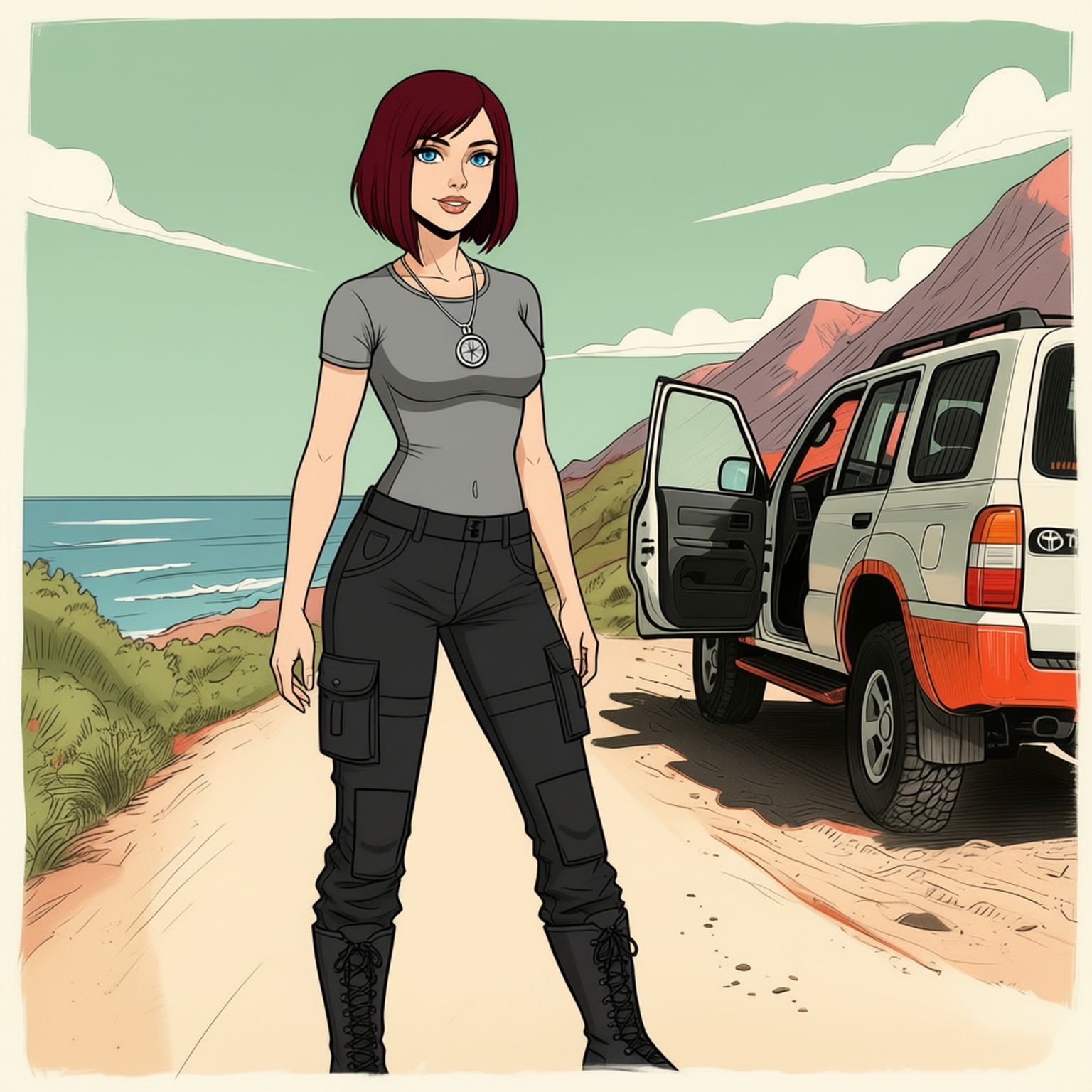 A simple sketch in late 1990s style of a 20-years old young woman