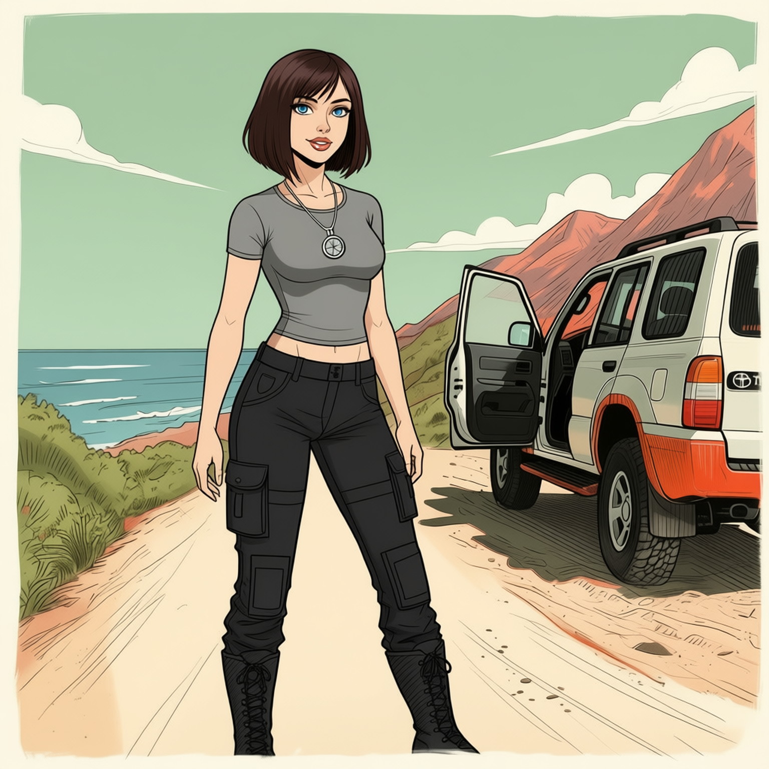 A simple sketch in late 1990s style of a 20-years old young woman