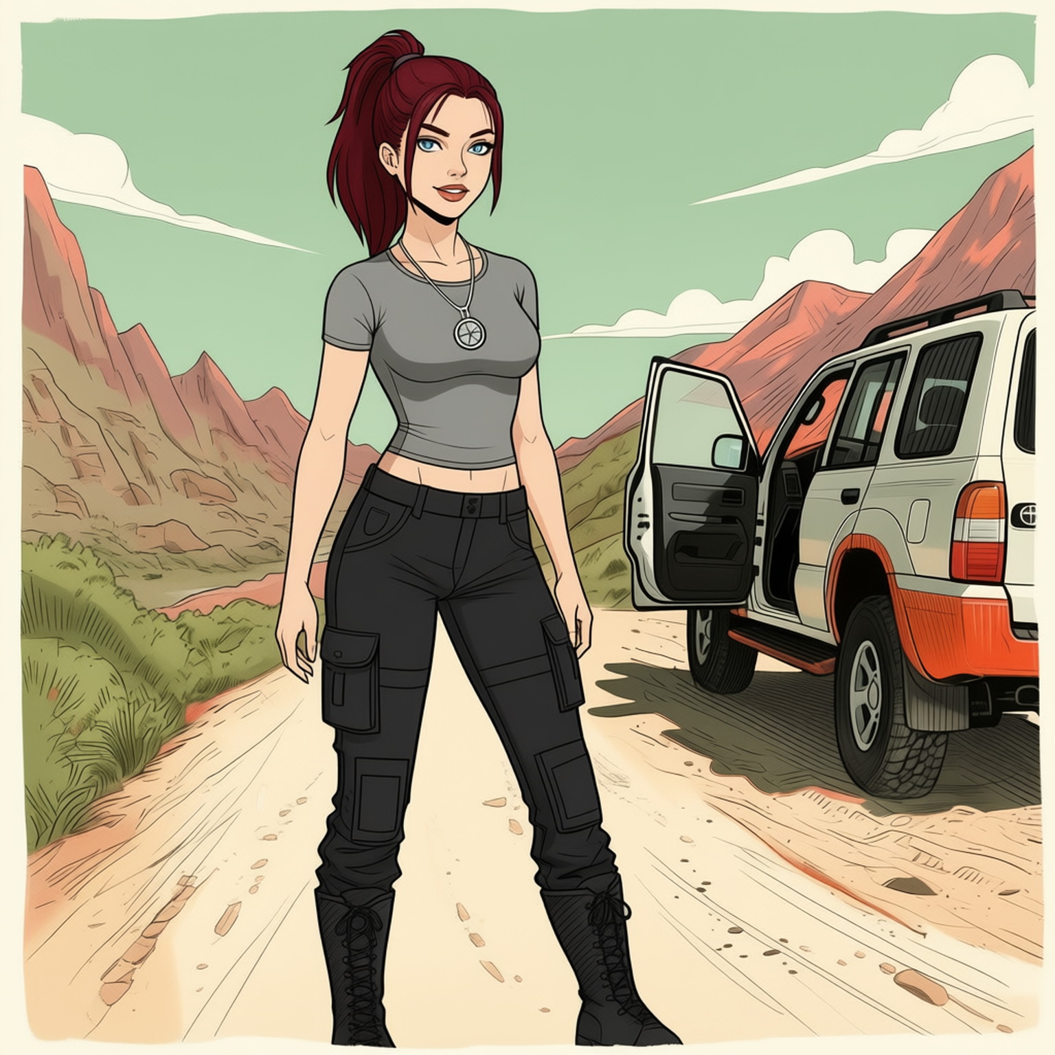 A simple sketch in late 1990s style of a 20-years old young woman