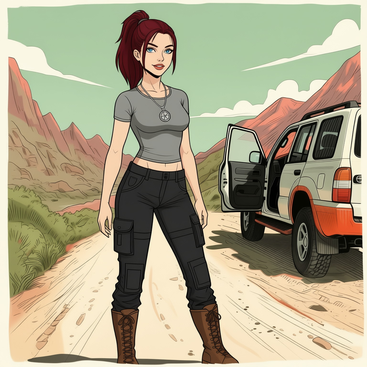 A simple sketch in late 1990s style of a 20-years old young woman