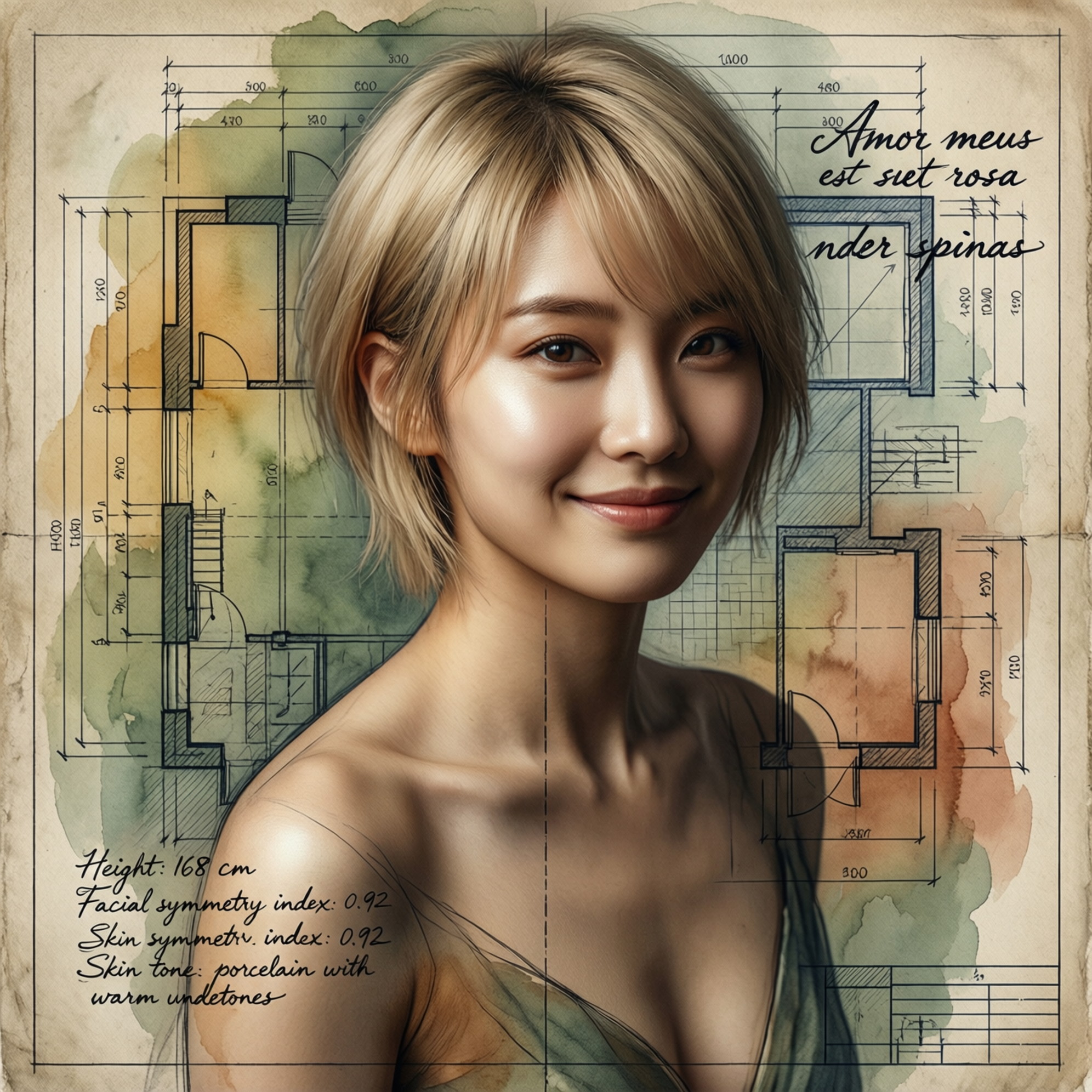 A detailed, highly detailed historical sketch featuring the enclosed woman, reproduced 100%. Architectural sketch style, technical blueprint background, mixed media