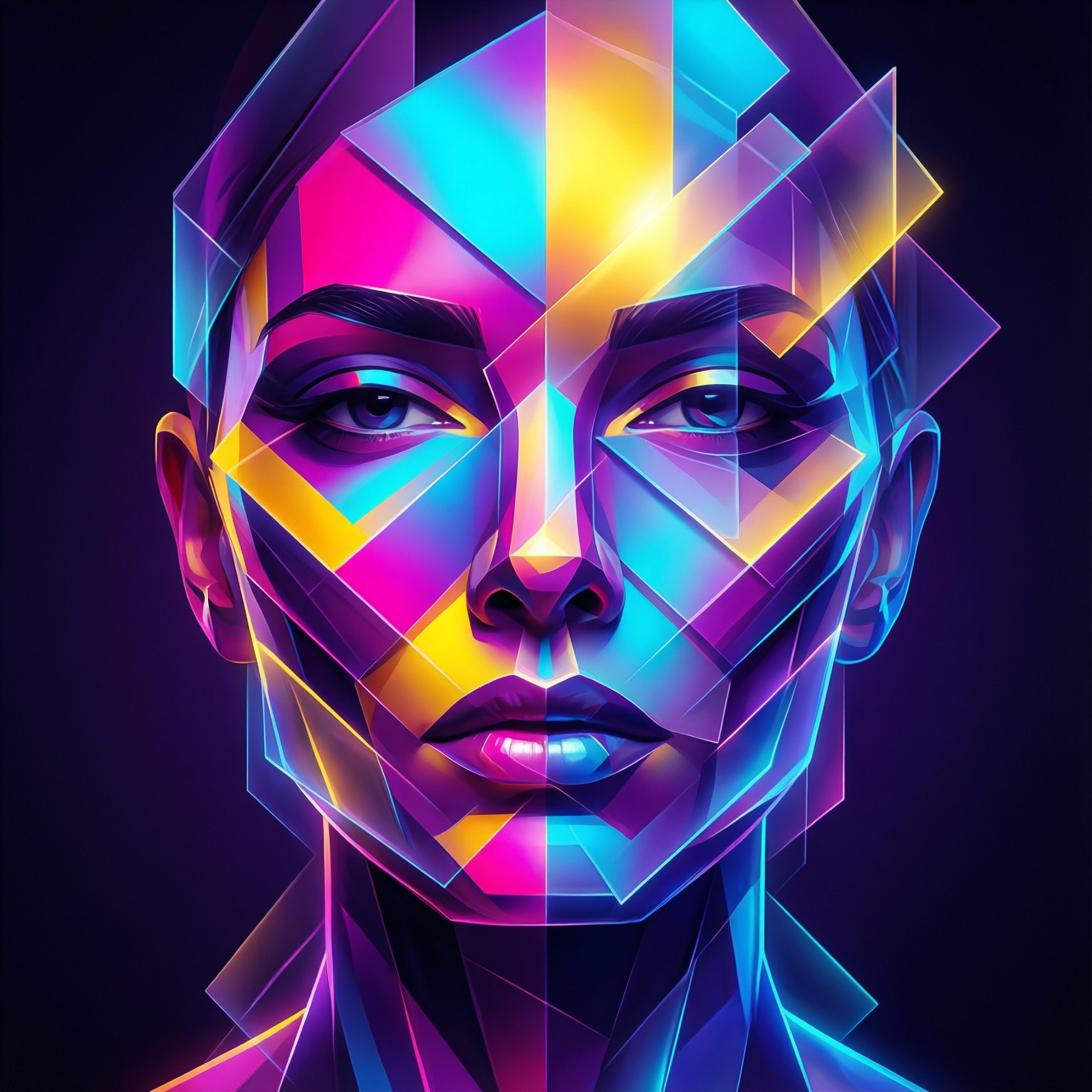 Contemporary geometric portrait style with bold polygonal forms and layered translucent rectangles. High-contrast neon color palette featuring magenta