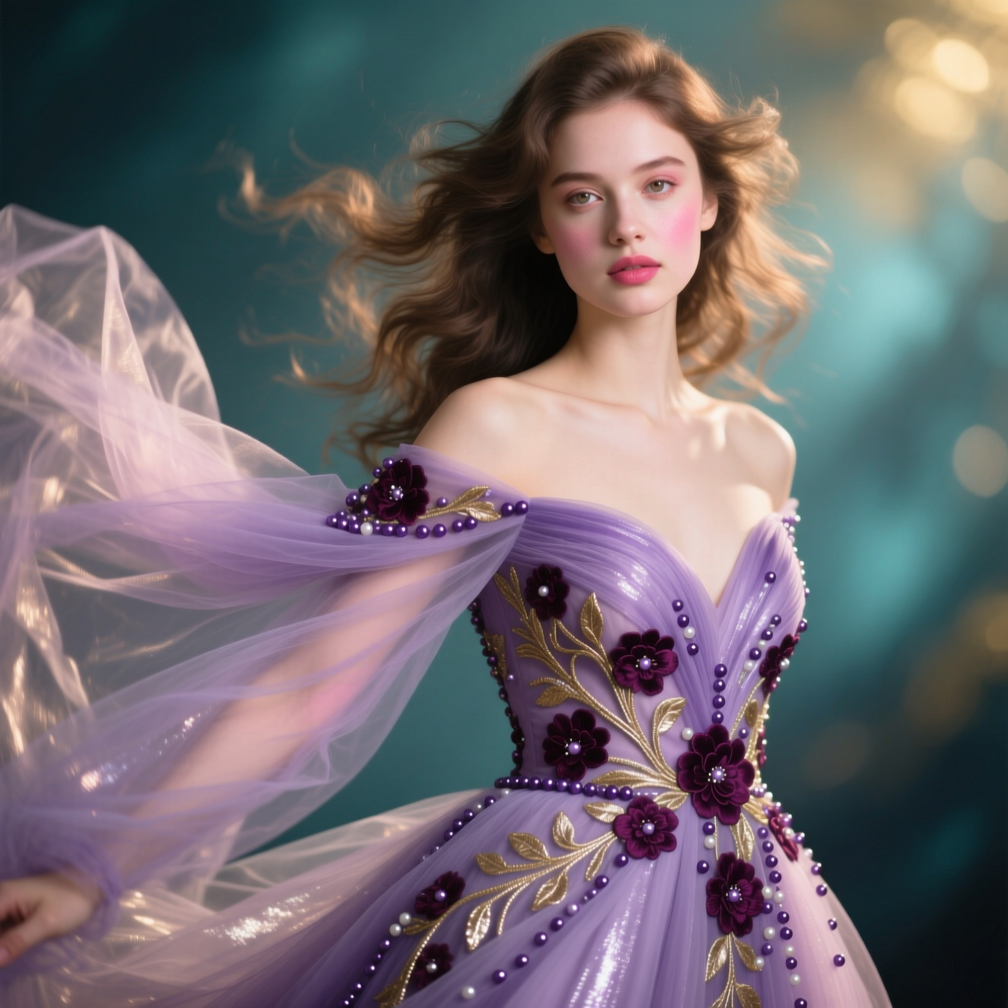 Full-frame, hyper-realistic **photo-style portrait** of a young woman wearing a **lavender–mauve dramatic evening gown**. The halter-neck gown is made from