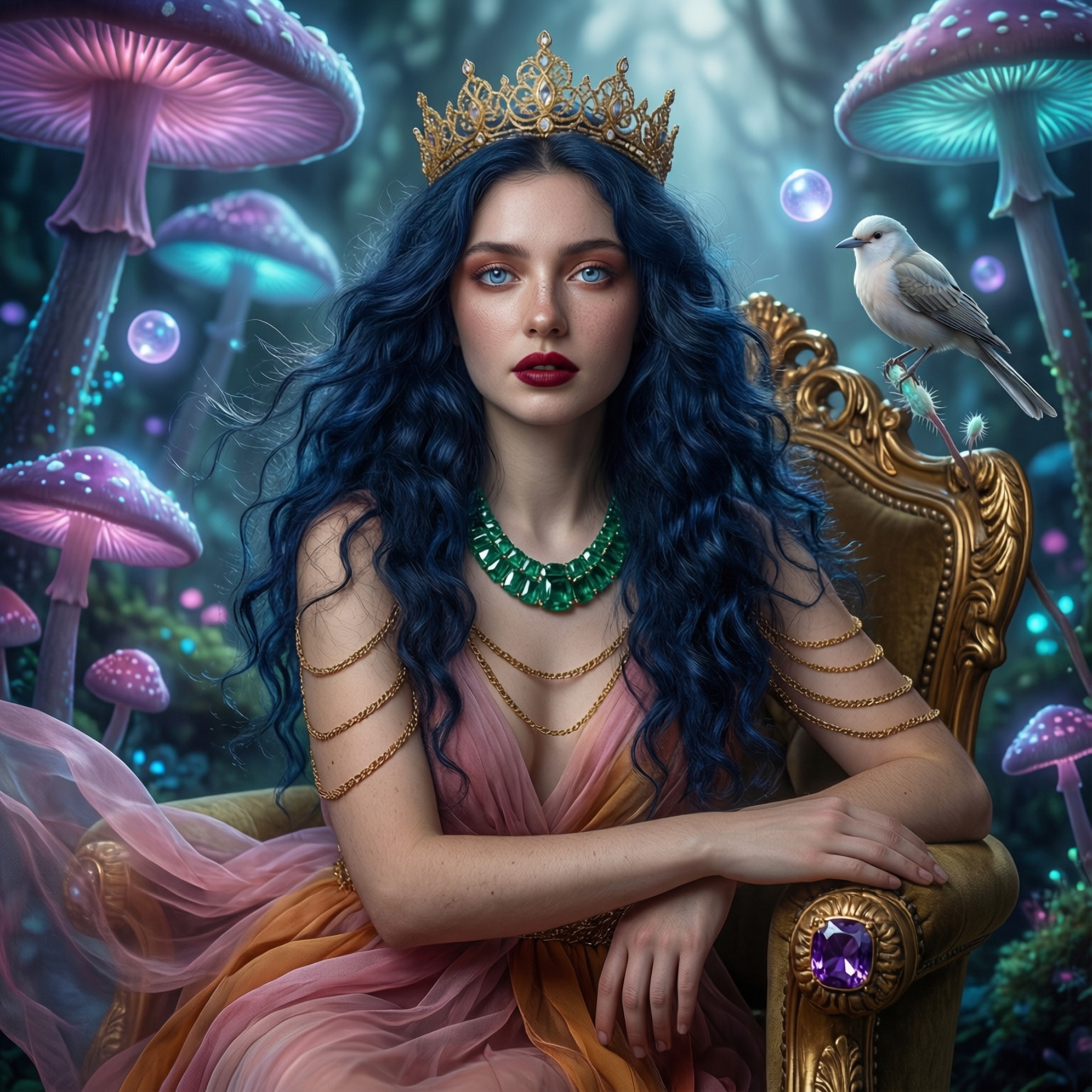 Ultra-hyper-realistic fantasy portrait of a fair-skinned, ethereal woman with long, dark-blue curly hair, each strand rendered with lifelike texture. She