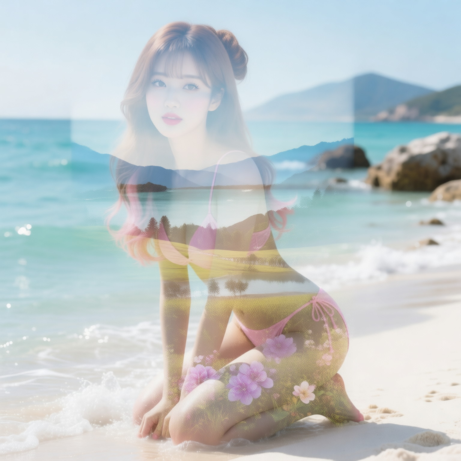 Create a double-exposure portrait of a beautiful woman in a visually striking and artistic composition that merges two harmonious images