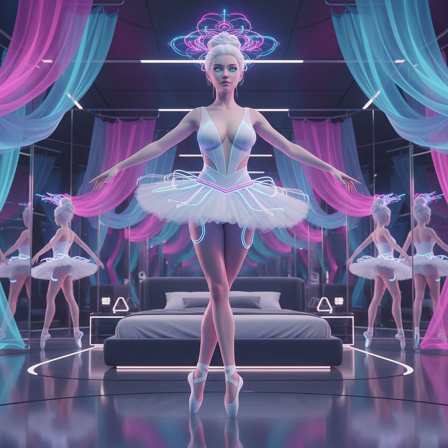 Erotyka przyszłości – taniec z androidem baletnicą w kuszącej scenerii